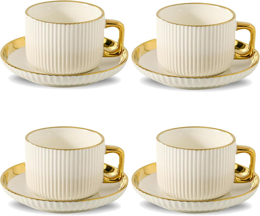 LETAOTAO Cappuccino Cups with Saucers, 8oz Ceramic Coffee Cups with Saucers Set, Latte Art Coffee Mugs with Gold Trim, Tea Cups Set of 4, British/Italian Coffee cups for Cafe Mocha, Double Espresso
