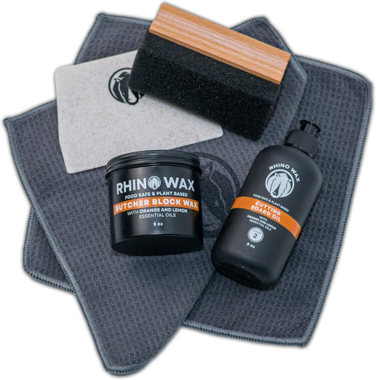 Butcher Block Maintenance Kit - Includes Cutting Board Oil, Wax (Large 8oz Size), Bench Scraper, Large Applicator, 2 Microfiber Cloths - Natural and Food Safe - Made in USA