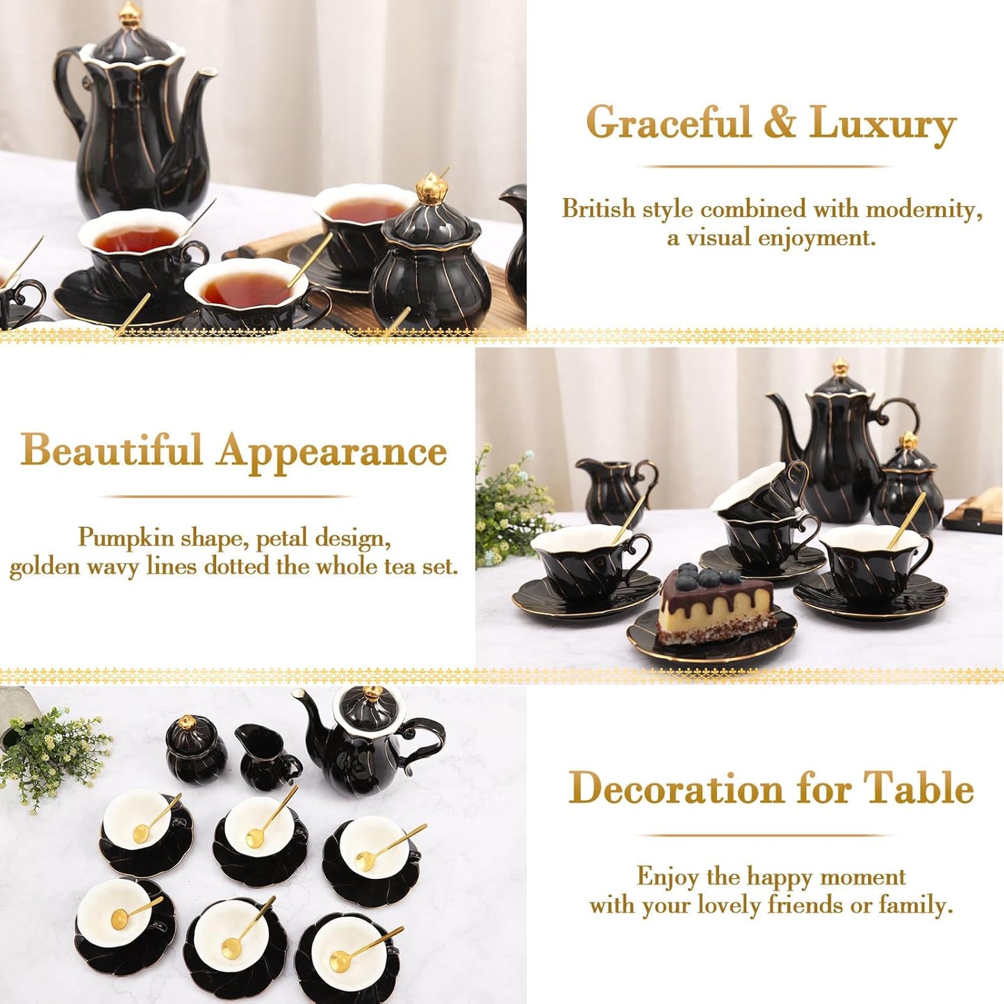 DUJUST 22 pcs Porcelain Tea Set for 6, Luxury British Style Tea/Coffee Cup Set with Golden Trim, Beautiful Tea Set for Women, Tea Party Set, Gift Package (Including a Stand) - Black