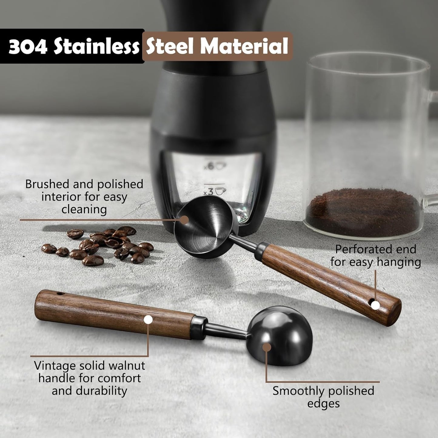 Vintage Coffee Measuring Spoon - 304 Stainless Steel Coffee Scoop, 10g Capacity, Natural Walnut Handle, for Scooping, Measuring, for Coffee, Tea, Etc - Black