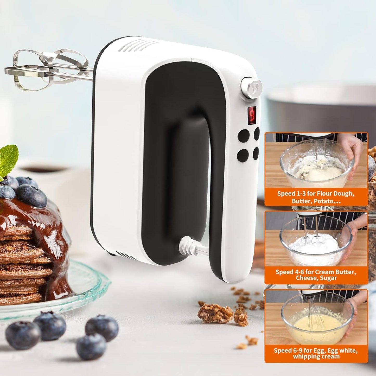 9-Speed Digital Hand Mixer Electric, 400W Powerful DC Motor, Baking Mixer Handheld with Snap-On Storage Case, 5 Stainless Steel Accessories, Flat Beaters, Dough Hooks, Whisk (White & Black)