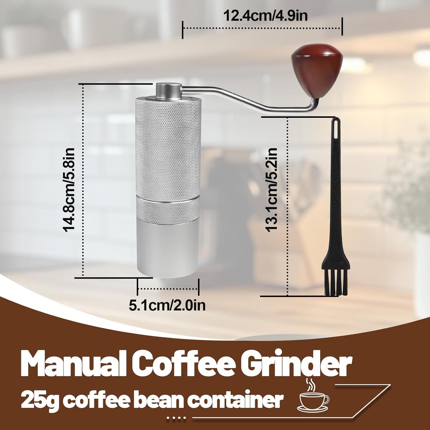 Manual Coffee Grinder Detachable Stainless Steel Conical Burr Aluminum Coffee Bean Grinder with 25 Grinding Settings Cleaning Brush Grindable Espresso Moka Pot French Press for Camping Silver