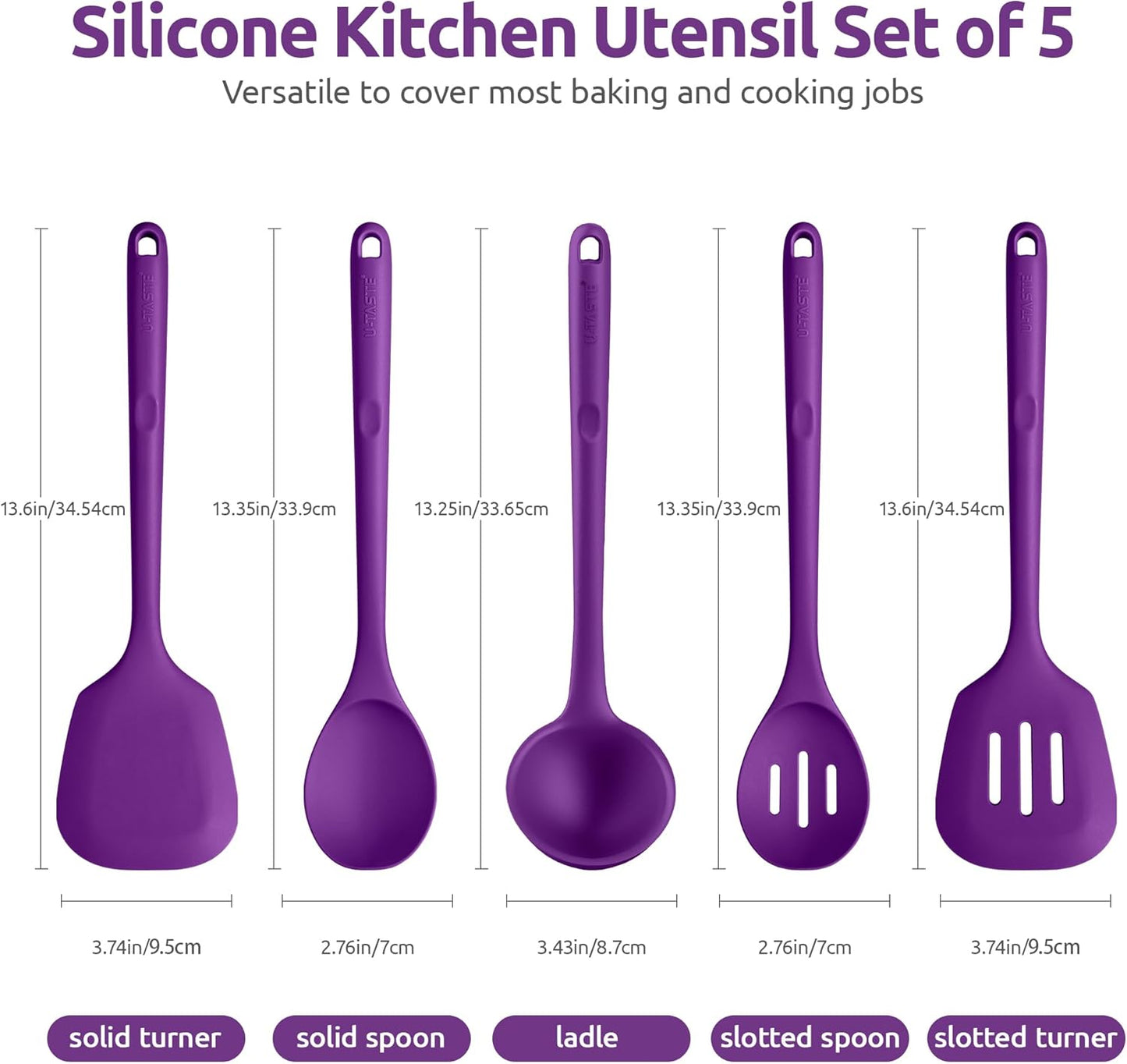 Silicone Kitchen Cooking Utensil Set: U-Taste 600ºF Heat Resistant 13.6in Extra Long Kitchen Tools, Food-Grade Non-Stick Spatula Turner Spoon Ladle for Stir Frying, Serving, Mixing (5 Pieces, Purple)