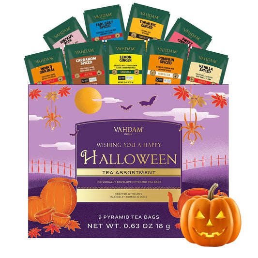 VAHDAM, Limited Edition Halloween Tea Gift Basket | 9 Premium Variety Pyramid Tea Bags | Halloween Gifts for Women, Men and Adults I Tea Gift Set