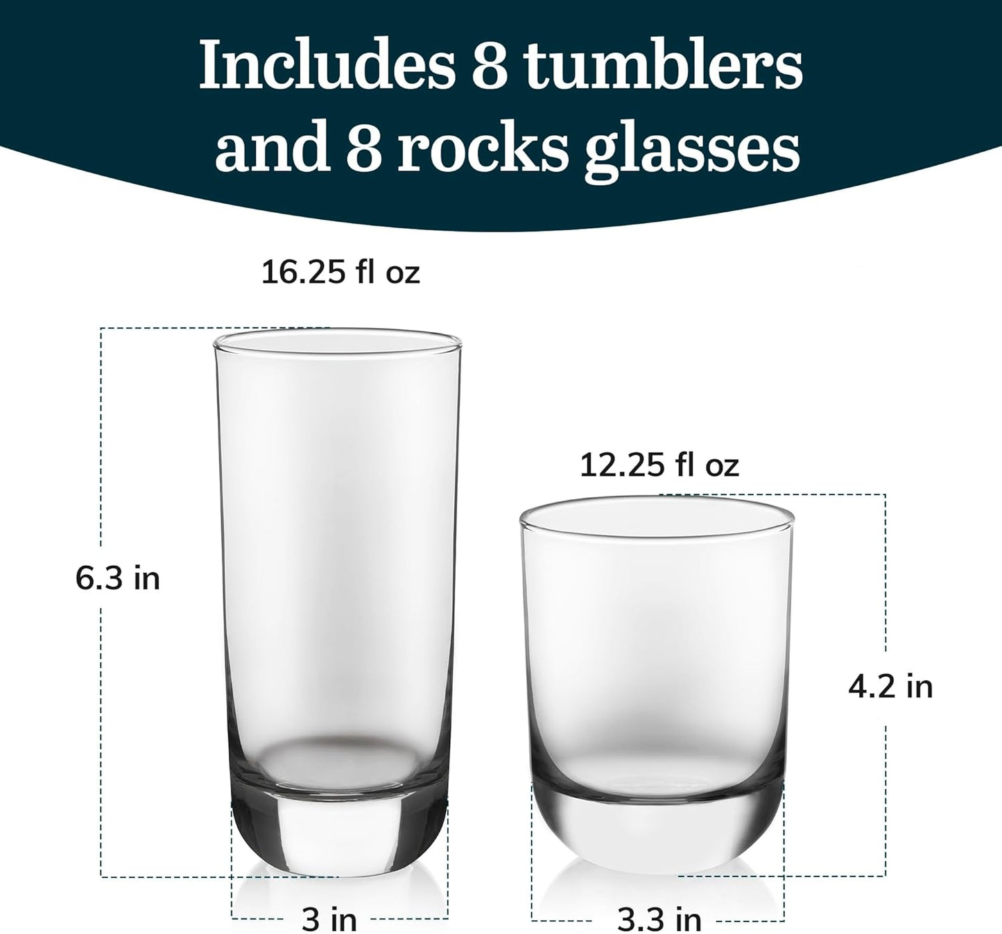 Libbey Polaris Tumbler and Rocks Glass Set, Elegant Drinkware Glasses Set,, Tall Drinking Glasses with Modern Clean Lines, Dishwasher Safe Drinking Glasses Set of 16