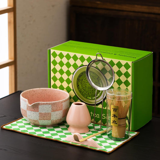 Premium 7-Piece Matcha Tea Set – Traditional Japanese Style with Elegant Grid Pattern, Includes Bamboo Whisk, Ceramic Bowl, Scoop & More – Perfect for Matcha Lovers & Tea Ceremony (Pink grid)