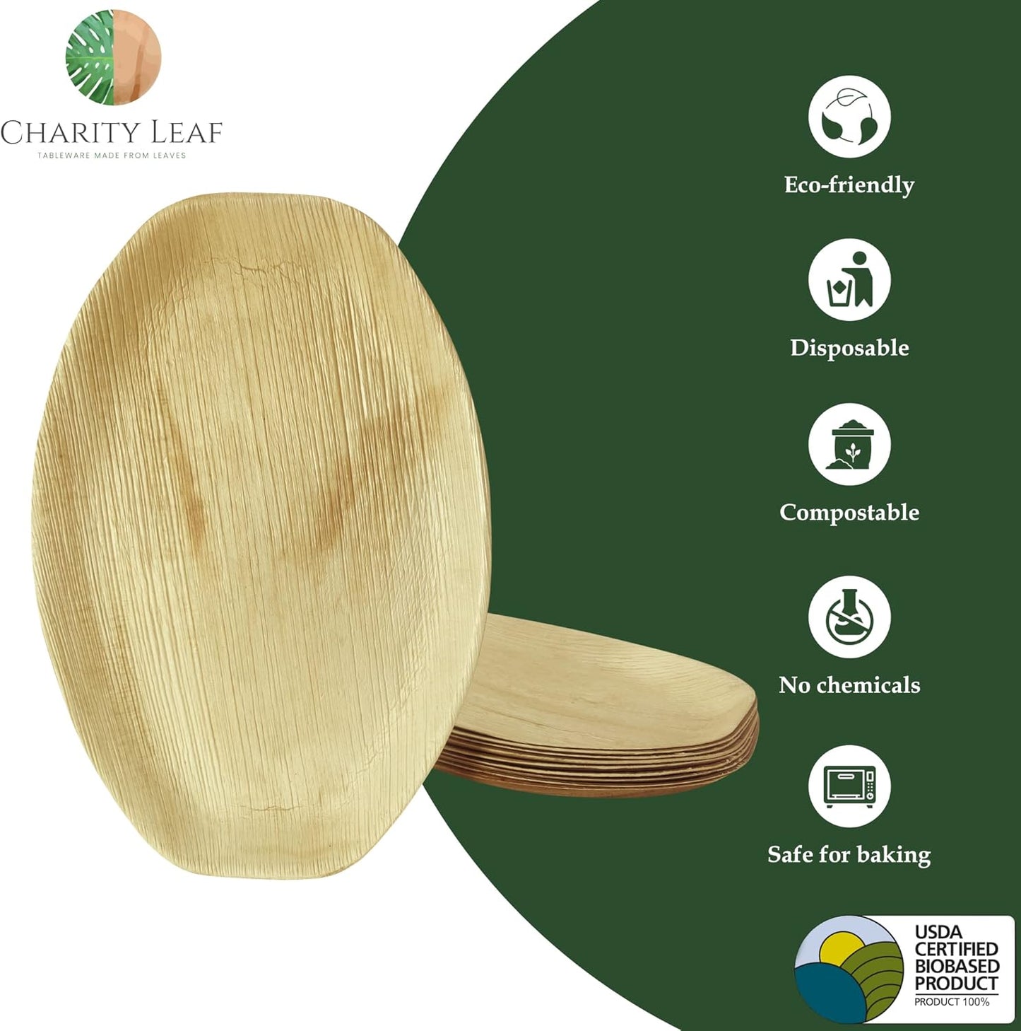 Charity Leaf Disposable Palm Leaf 15" x 10" Trays (10 pieces) Bamboo Like Serving Platters, Disposable Boards, Eco-Friendly Dinnerware For Weddings, Catering, Events
