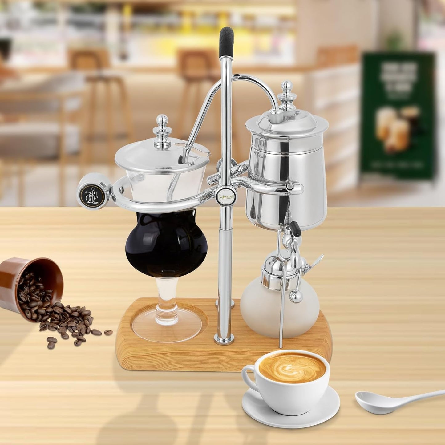 Belgian Syphon Coffee Maker, Belgian Belgium Royal Family Balance Syphon Siphon Coffee Maker Vacuum Brewing System w/Measuring Cup & lcohol Burne, Sliver
