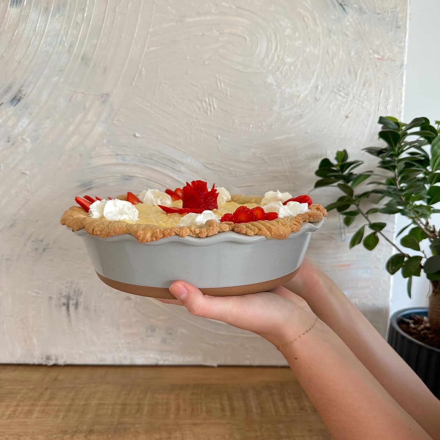 Mora Deep Fluted Ceramic Pie Dish for Apple Pie, Quiche, Tart - 9 inch - Modern Farmhouse Style Porcelain - Earl Grey