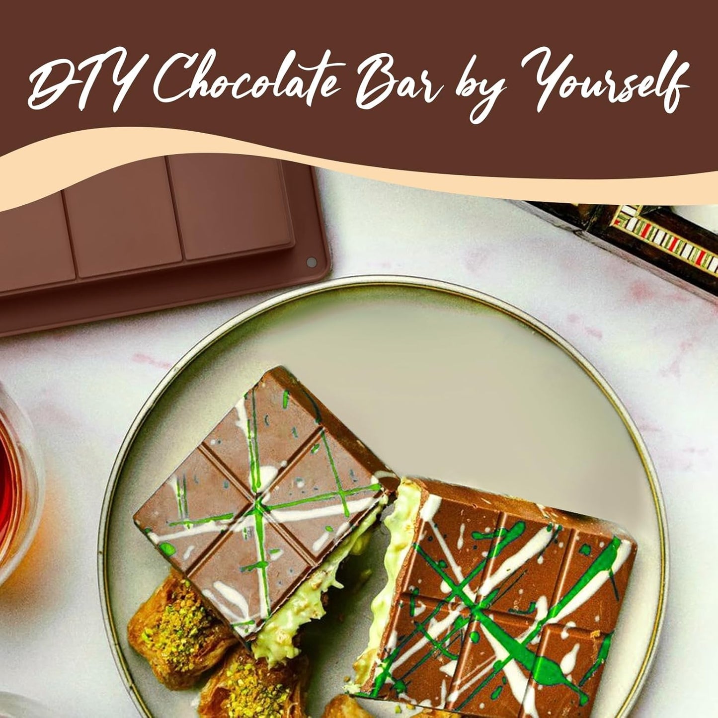 HKNMTT Chocolate Bar Molds Silicone, Large Stuffed Dubai Pistachio Deep Bar Moulds Kit 1 Inch Thick Big Pack of 2, Ideal for Homemade Making Bar Candy Bar Bpa Free DIY