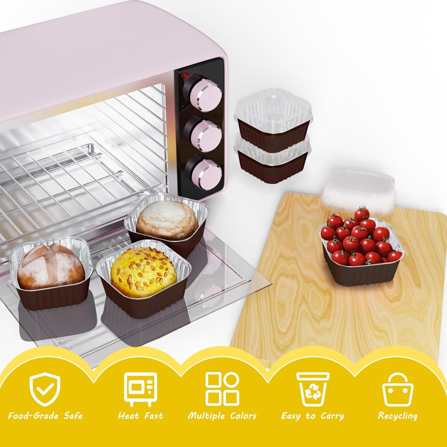 100 Pack Square Mini Cake Pans with Lids,Mini Loaf Pans with Lids,Aluminum Foil Baking Cups,Disposable Ramekins Cupcake Cups,Dessert Cups for Wedding Birthday Party Picnics,5oz (Coffee)