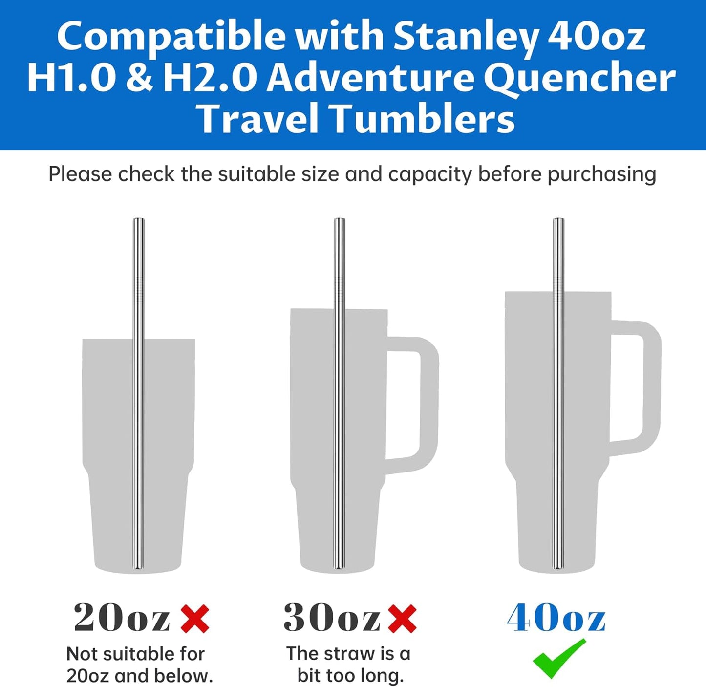 Tomorotec 8-Pack Stainless Steel Straws Fit for 40oz Stanley Tumblers, 12" Metal Straws for Stanley Cup with 1 Brush, Reusable Drinking Straws for Smoothies, Milkshakes, Dishwasher Safe & BPA-Free