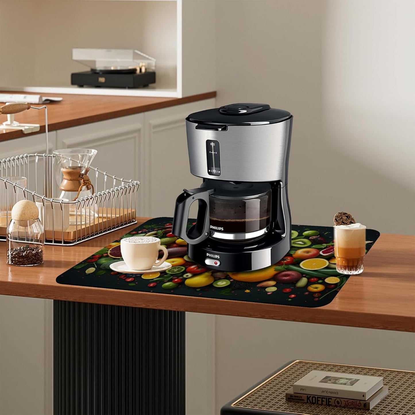 Kitchen Mat Fruits Vegetables Dish Drying Mat 16"x24" Bsorbent Coffee Maker Mat for Sink Dishes or Under Rack Kitchen Counter Accessories Absorbent Hide Stain Rubber Backed Dish Drying Pad