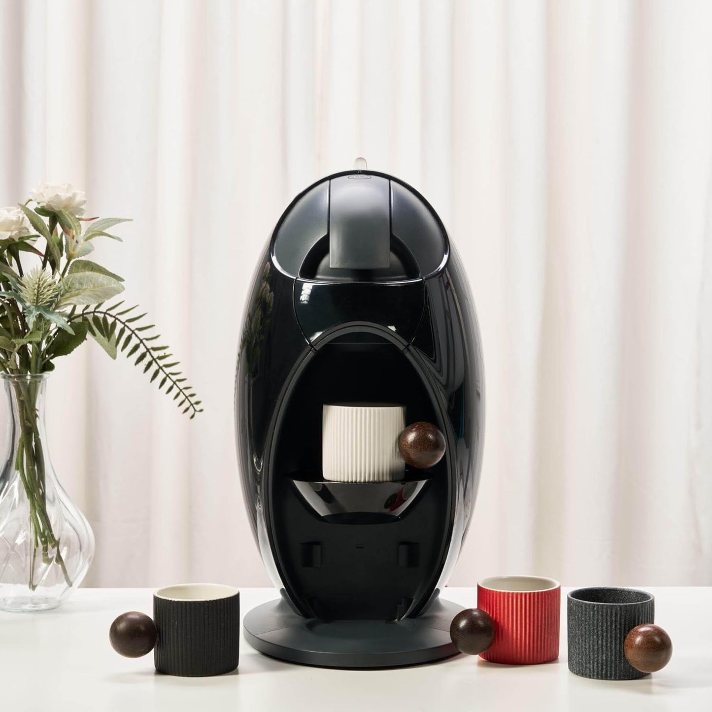 Ceramic Mini Espresso Cups Demitasse Cups with Round Wooden Handle Vertical Stripes Tea Cups (black, 4pcs)