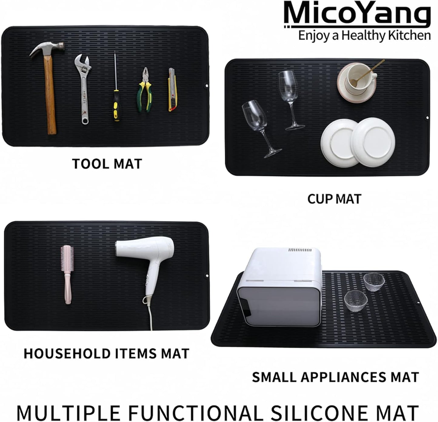 Silicone Dish Drying Mat for Multiple Usage,Easy clean,Eco-friendly,Heat-resistant Silicone Mat for Kitchen Counter or Sink,Refrigerator or Drawer Liner Black 4XL 32 inches x 18 inches