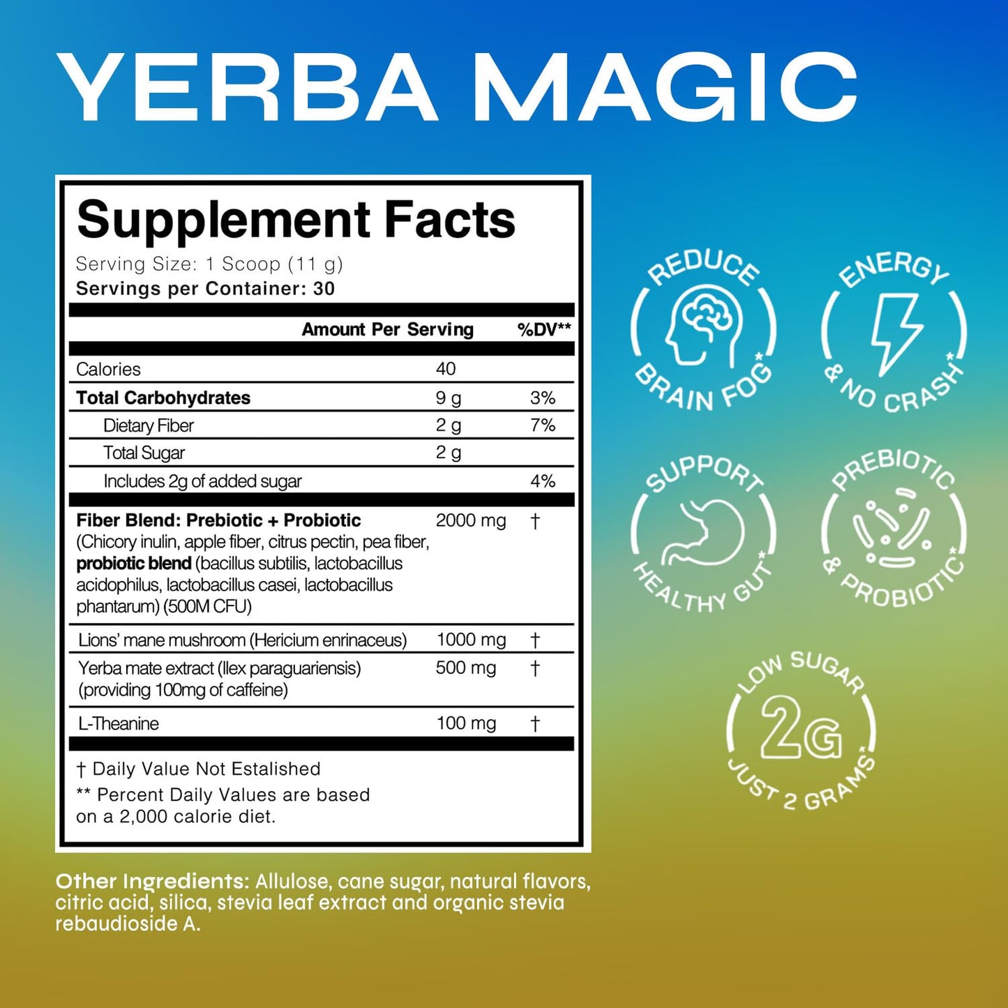 Yerba Magic - Yerba Mate Instant Tea Powder, 3-in-1 Super Drink - Clean Energy, Brain Fog Buster, and Gut Health Powered by Nootropics, Prebiotics & Probiotics | Pina Colada 30 Servings