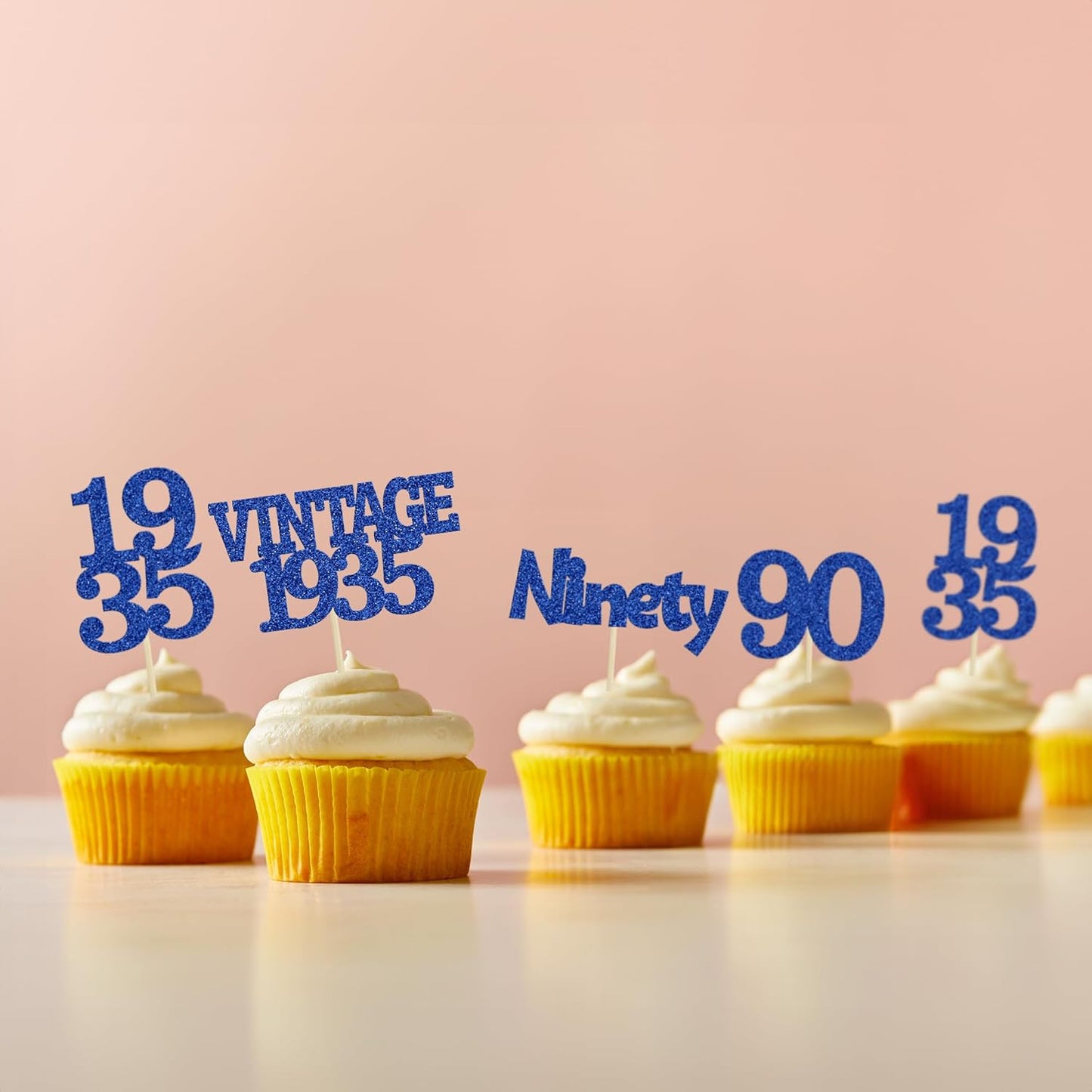 Gyufise 24Pcs Vintage 1935 Cupcake Toppers Glitter Cheers to 90 Fabulous Ninety Cupcake Picks 90th Birthday Wedding Anniversary Party Cake Decorations Supplies Deep Blue
