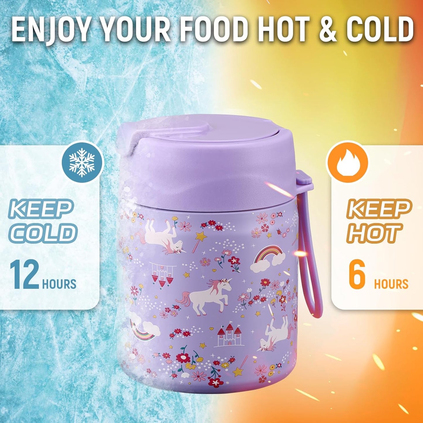17oz Soup Thermo for Hot Food Kids Insulated Vacuum Food Jar with Stainless Steel Spoon Wide Mouth Thermo Leakproof Lunch Food Container Kids Hot Lunch Box (Purple-Horse)