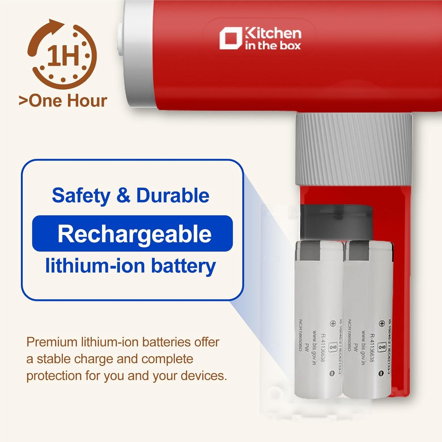 Kitchen in the box Cordless Rechargeable Hand Mixer for Kitchen, Portable Handheld Electric Mixer with Beaters, Whisks, 6-Speed Digital Display, Charging Base and USB-C Charge Cable (Cherry Red)