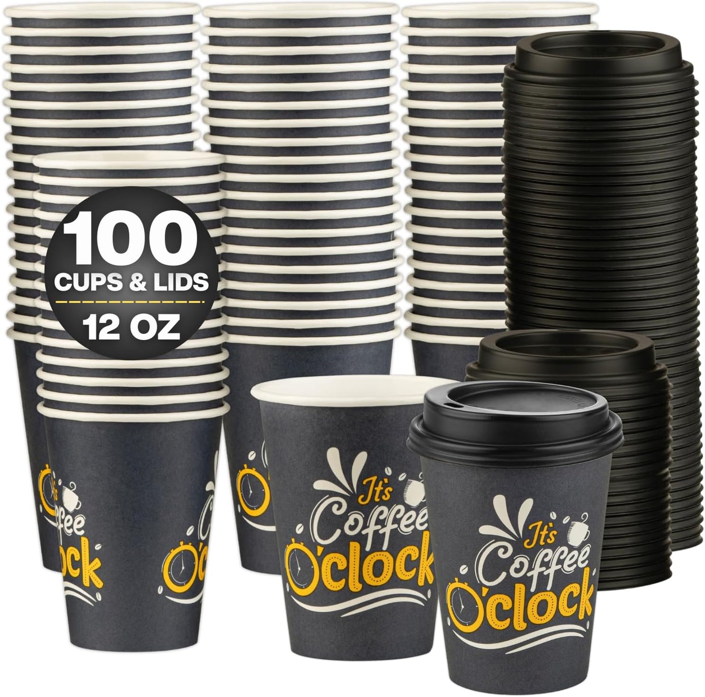 Smygoods Disposable Coffee Cups with Lids, To Go Paper Hot Cups, Coffee O'Clock Design (12 OZ, 100 Count) For Hot Beverages, Coffee, Tea, Espresso, Cocoa - Vasos Para Cafe