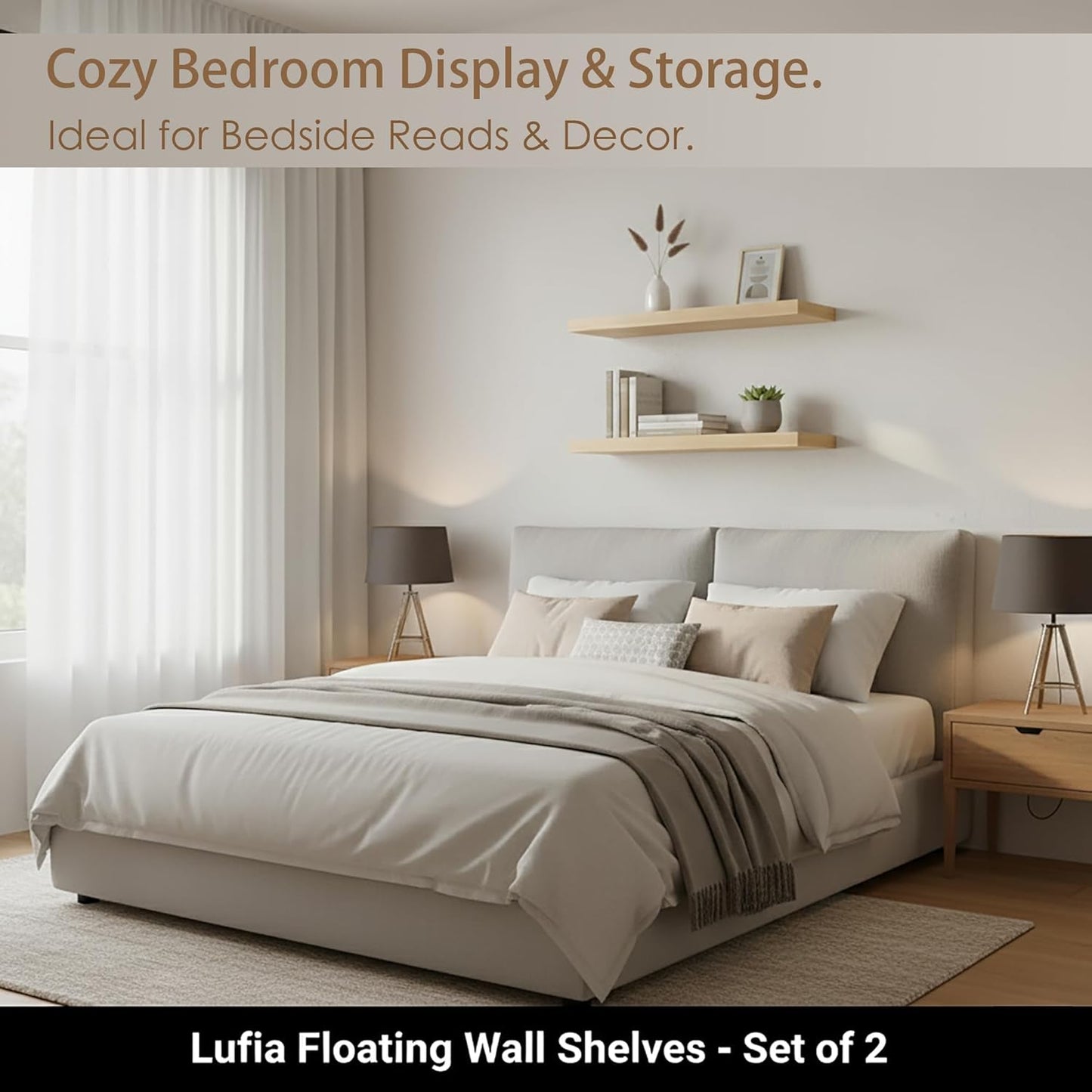 Lufia Floating Wall Shelves, Set of 2, MDF with Invisible Brackets, Modern Storage for Bedroom, Bathroom, Living Room, Kitchen (Oak, 28" W X 7" D X 1.5" H)