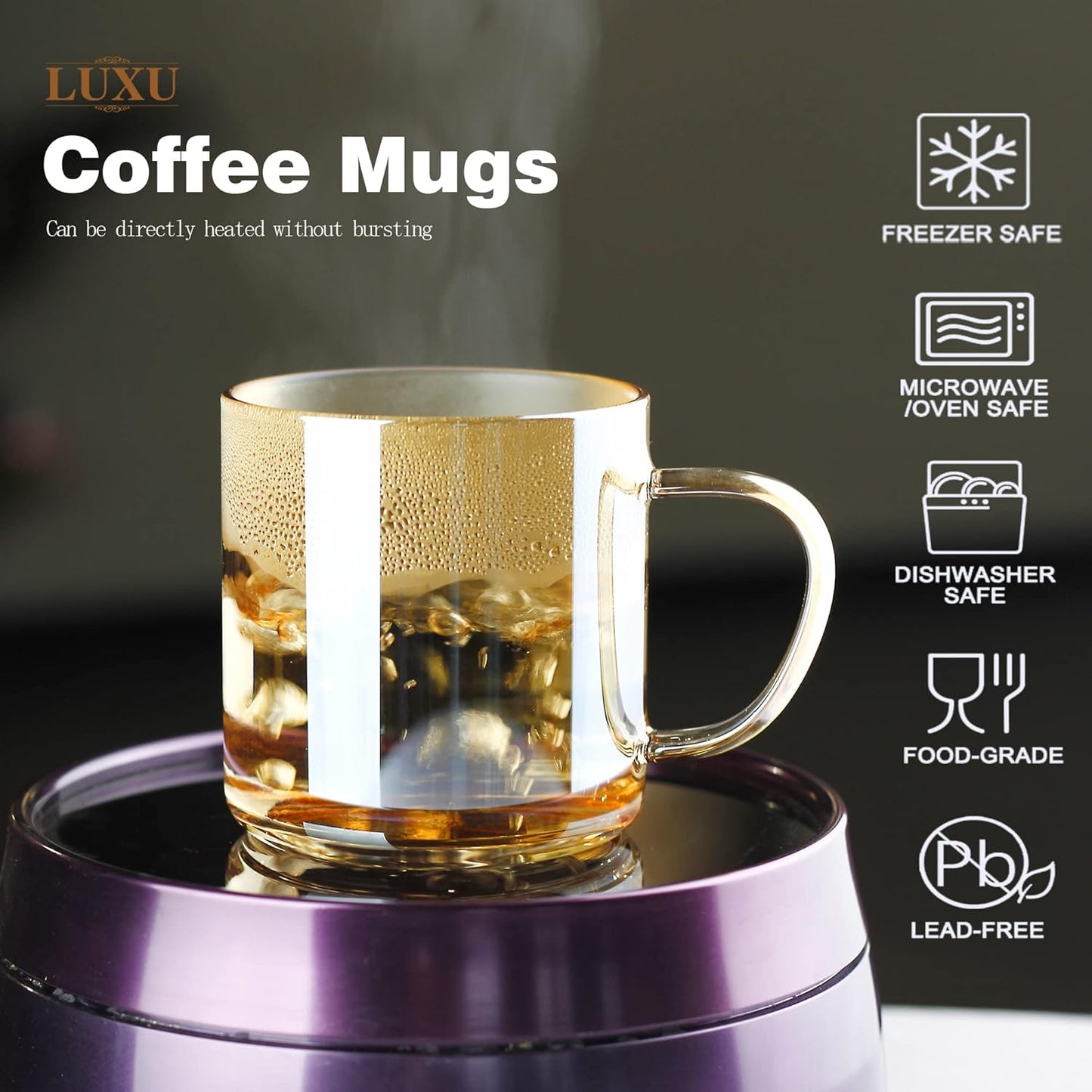 LUXU 4pcs Set Simple Glass Coffee Mugs-Hand Blown&Seamless Design,14 oz Amber Coffee Cups-Heat Resistant and Explosion-Proof,Lightweight Tea Mugs with Anti Scald Handle Ideal for Home,Cafe,Coffee Bar