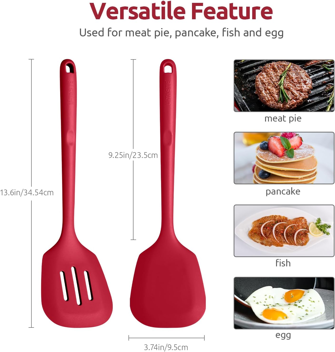 600ºF Heat Resistant Silicone Turner: U-Taste 13.6in Long Solid & Slotted Thick Kitchen Spatula Flipper, Large Flexible Cooking Utensil for Flipping Egg, Pancake in Nonstick Cookware (Rose Red, 2PCS)