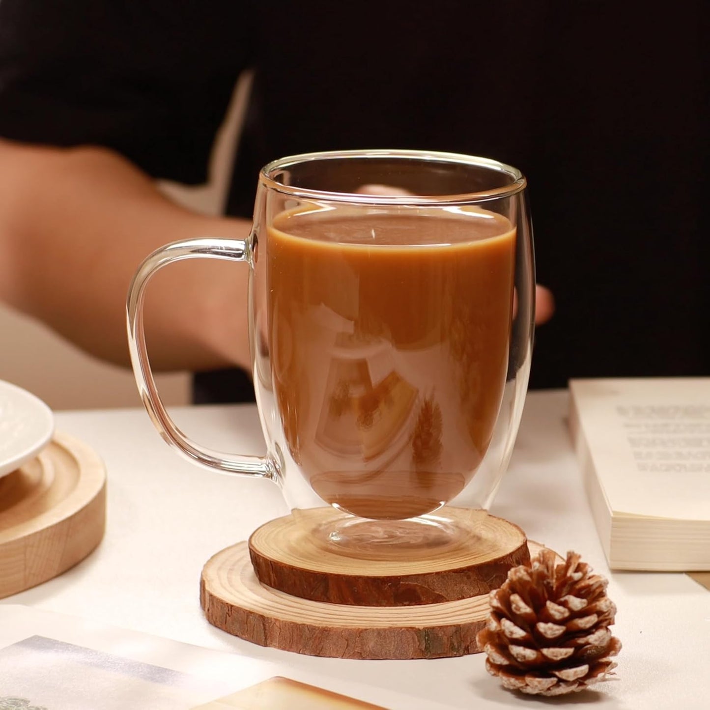 CNGLASS 12oz Double Walled Glass Coffee Mugs,Insulated Glass Mugs with Handle,Clear Espresso Cups for Latte,Cappuccino,Tea Bag,Set of 2