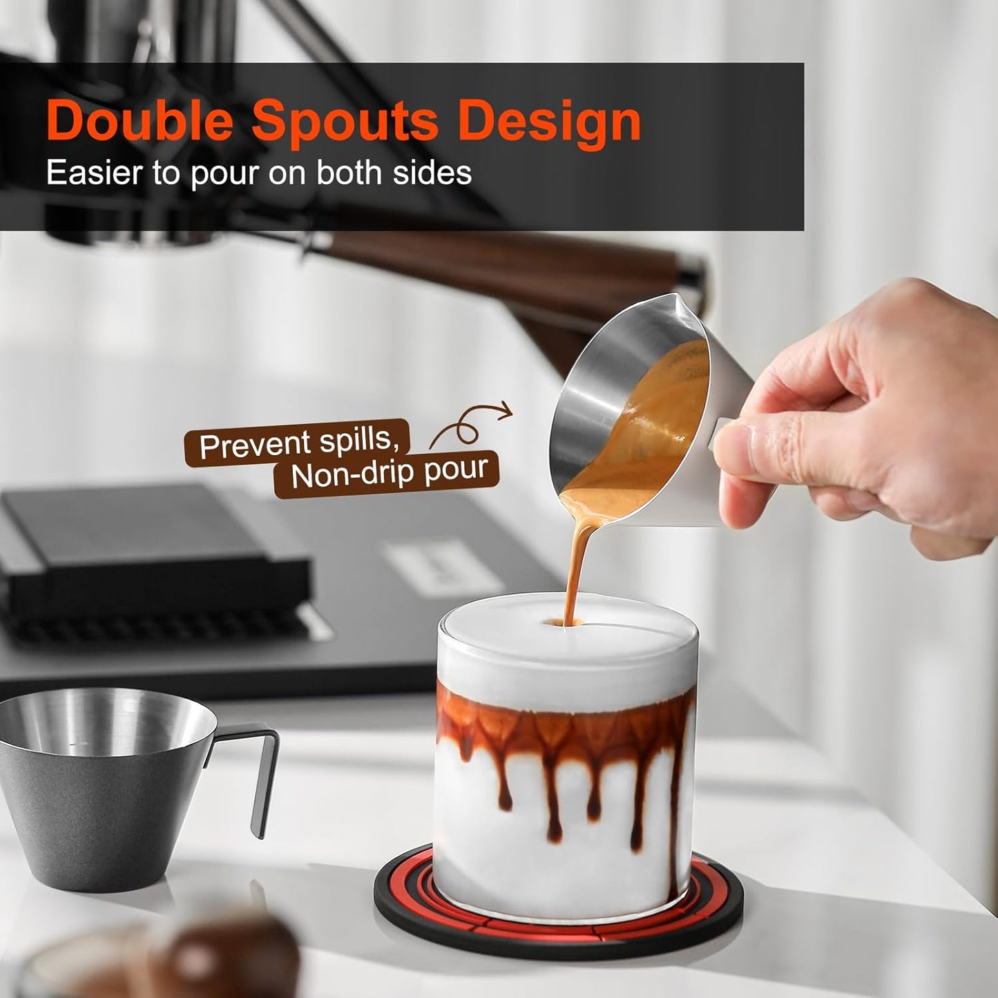 MHW-3BOMBER Espresso Measuring Cups, Double Spouts Stainless Steel Espresso Pour Cup, Espresso Shot Cups with Handle Scale, Metal Measuring Cups with V-Shaped Mouth, 3.4OZ/100ML Blue G5668-OS