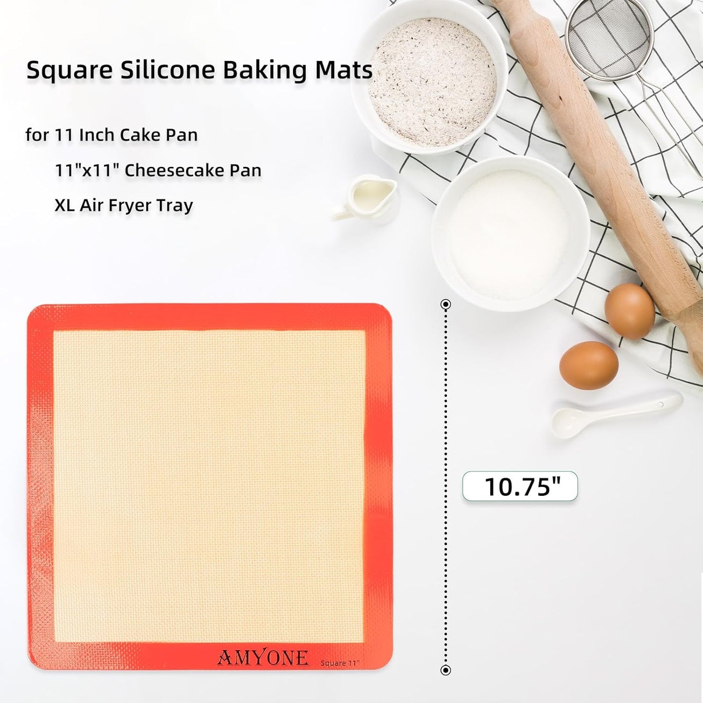 AMYONE Square Silicone Baking Mats for 11 Inch Cake Pan/11x11 Cheesecake Pan/Toaster Oven/XL Air Fryer, Food Grade Silicone Baking Sheet Liners for Cookie/Cake/Pastry/Torte, Non-Stick, Reusable 2 PCS
