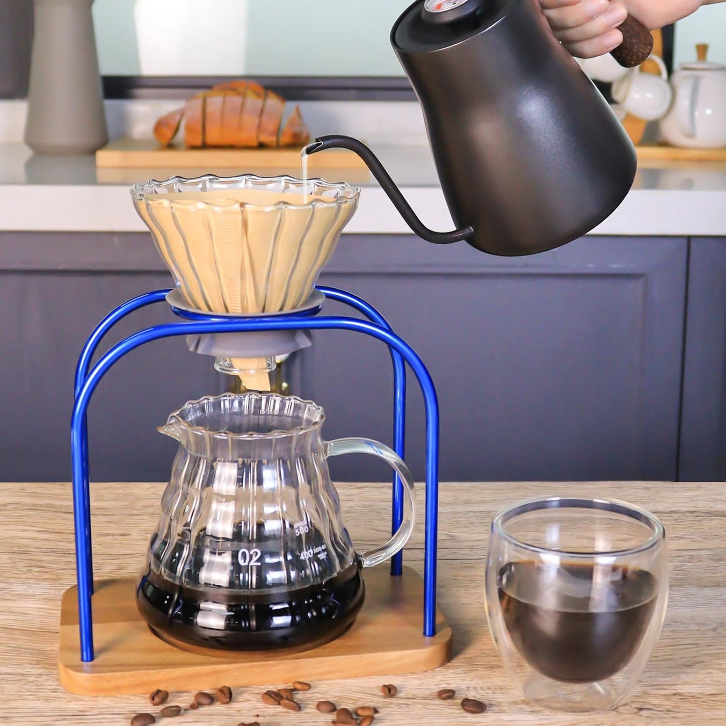 SOTECH Pour on coffee drips, filter Wooden stand Glass sharing pot with paper filter, coffee, tea and saffron set (blove)