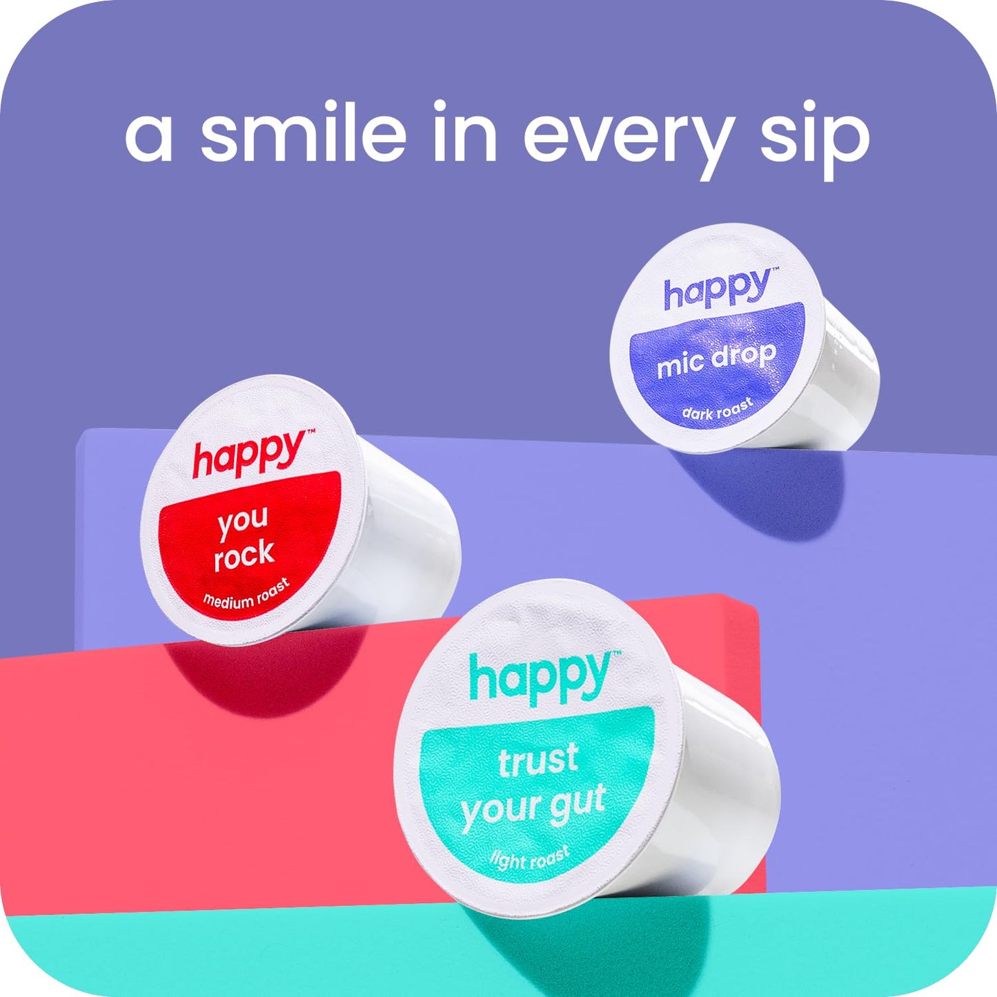 happy coffee dark roast coffee pods, 60 count, notes of cocoa & contentment, compatible with most K-cup brewers, rainforest alliance certified