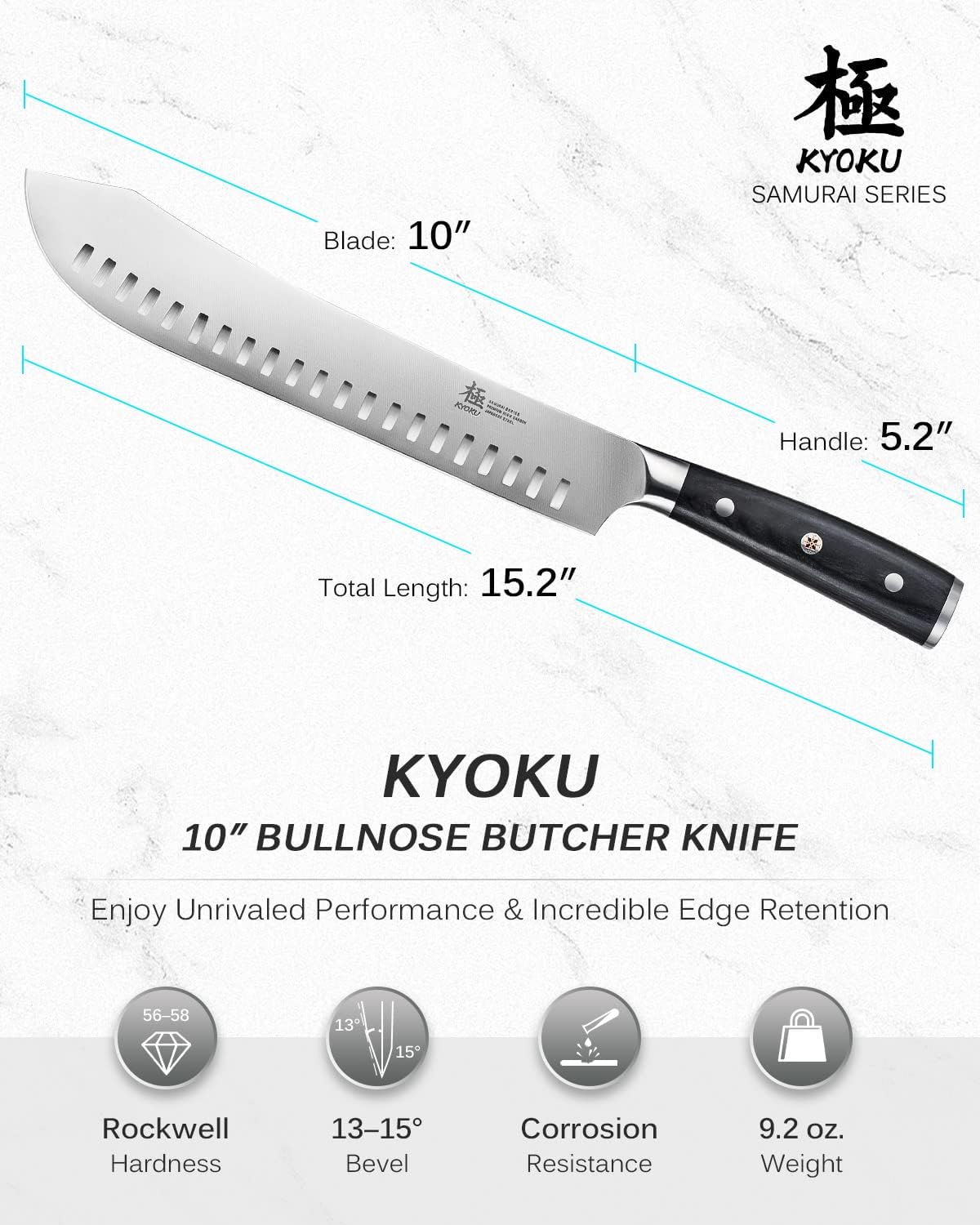 KYOKU 10" Bullnose Butcher Knife, Samurai Series Butcher Knife for Meat Cutting Chopping with Pakkawood Handle, Japanese High Carbon Steel Kitchen Knife for Professional Chef & Cook with Sheath & Case