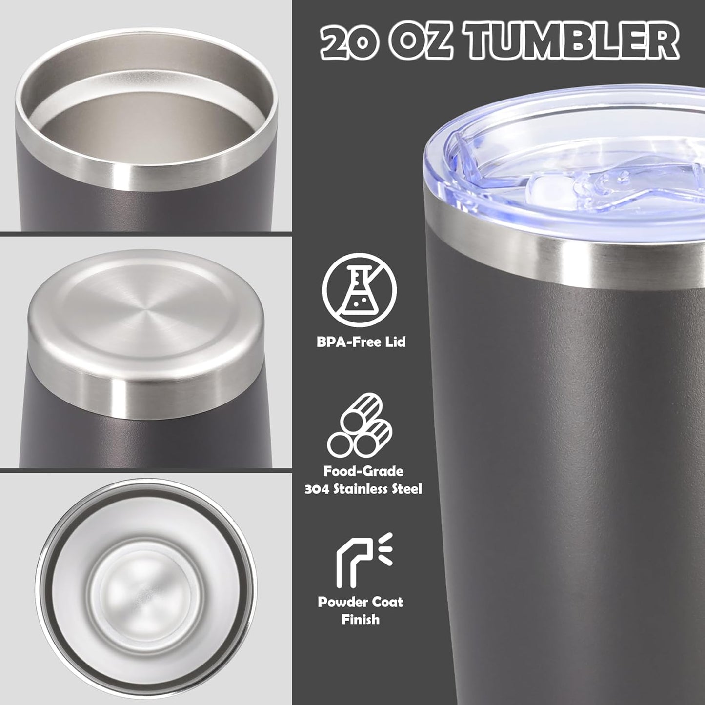 20oz Tumbler Bulk Stainless Steel Tumbler Cup with Lid Vacuum Insulated Double Wall Travel Mug, Durable Powder Coated Travel Coffee Tumbler Mug for Hot & Cold Drinks, Grey,12 Pack
