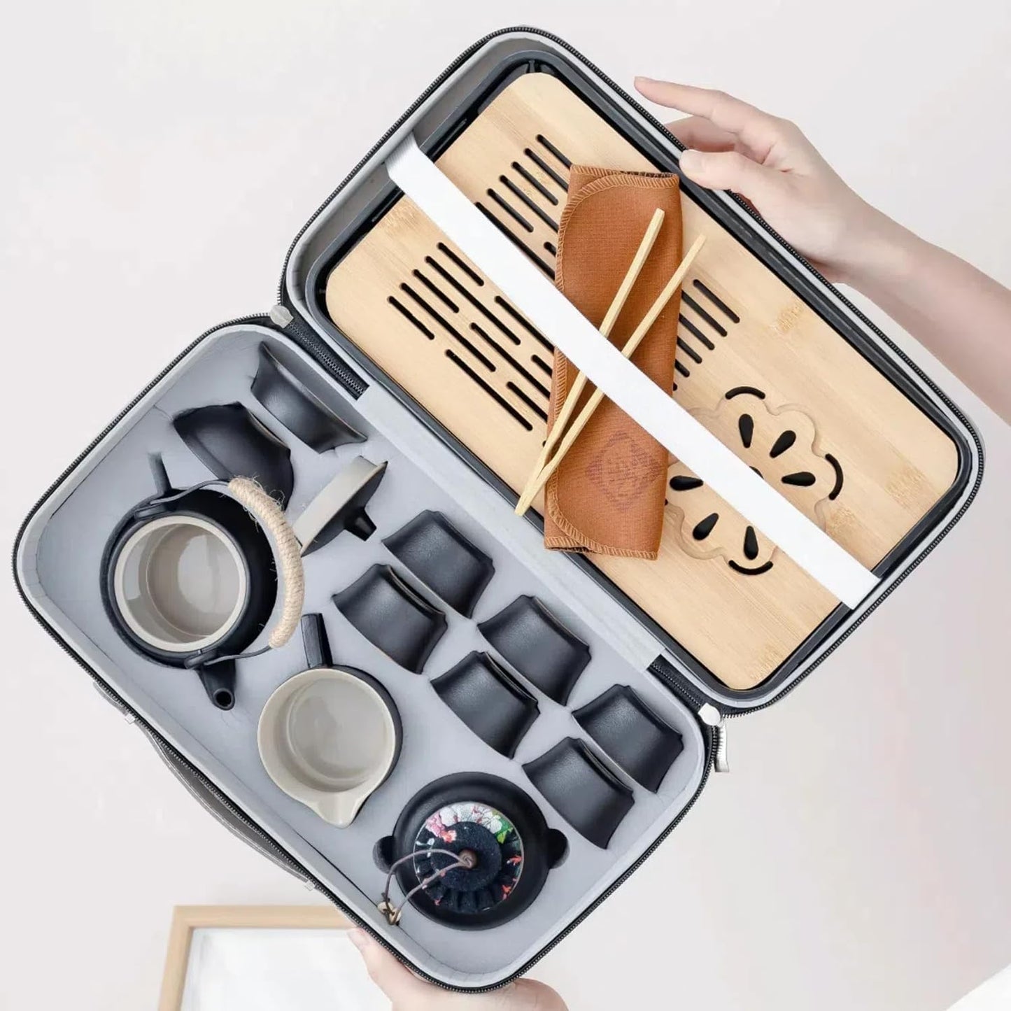 ICHAG Japanese & Chinese Tea Set, Adults' Portable Gongfu Tea Set with Teapet with Porcelain Teapot, 8oz Teapot,14-Piece 茶具 for Home/Outdoor/Office Gifts (Gray)