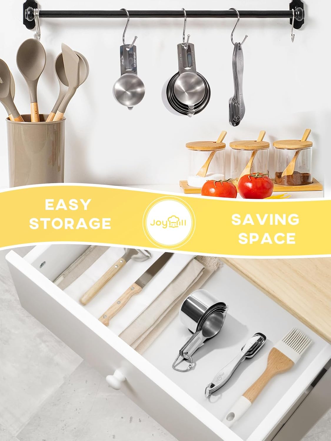 Joyhill Measuring Cups and Spoons Set of 15 Piece, Metal Stainless Steel Measuring Cups and Spoons Set for Baking Cooking, Dry and Liquid Ingredients