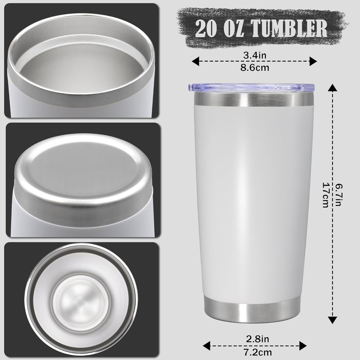 20 oz Tumbler Coffee Tavel Tumblers Bulk with Lid Stainless Steel Double Wall Vacuum Insulated Mug Powder Coated Cups fit Car Cupholder for Hot and Cold - White, 12Pack