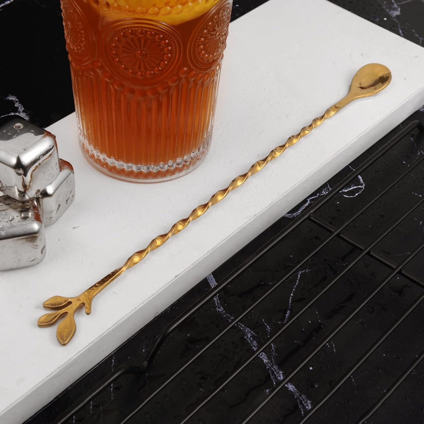 AnSaw Gold 10-Inch Stainless Steel Cocktail Spoon with Leaf Handle - Perfect for Mixing & Layering Drinks in Tall Cups, Bar & Shakers - Durable Long Handle Bar Stirrer,1-Pieces