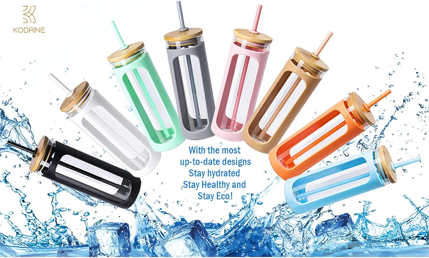 Kodrine 20oz Glass Tumbler with Straw and Lid, Bamboo Lids Water Bottle, Reusable Iced Coffee Cups, Wide Mouth Smoothie Cup with Protective Silicone Sleeve BPA FREE-White+Pink-2pack