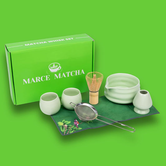 Marce Matcha Whisk Set- Matcha Set includes Matcha Whisk and Bowl (Bowl with Spout), Sifter, Holder and Scoop- The Perfect Bamboo Whisk for Matcha Tea (Green- 7PC)