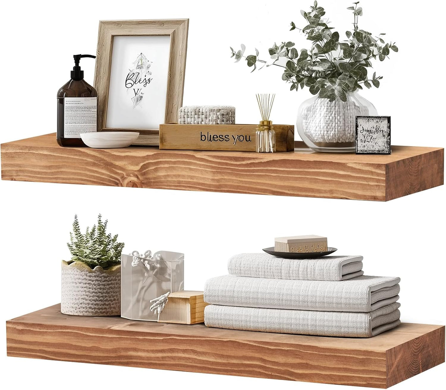 24x8x1.6 inch Floating Shelves Set of 2 – Solid Wood Rustic Oak Wall Mounted Shelf for Kitchen, Bathroom, Living Room