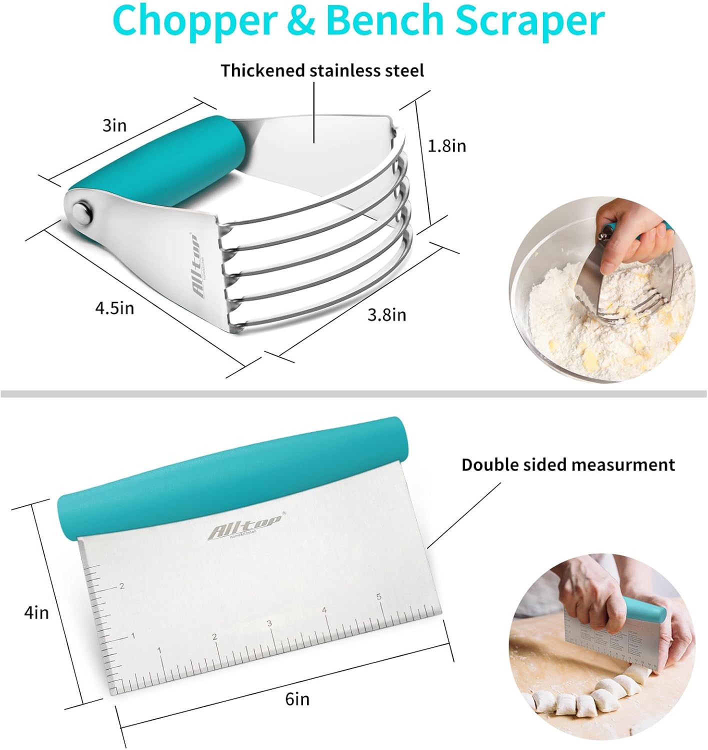 ALLTOP Pastry Blender & Bench Scraper - Premium Kitchen Baking Essential Gadget Set for Cake and Bread Making - Stainless Steel Dough Scraper&Butter Cutter for Homemade Delights - Turquoise