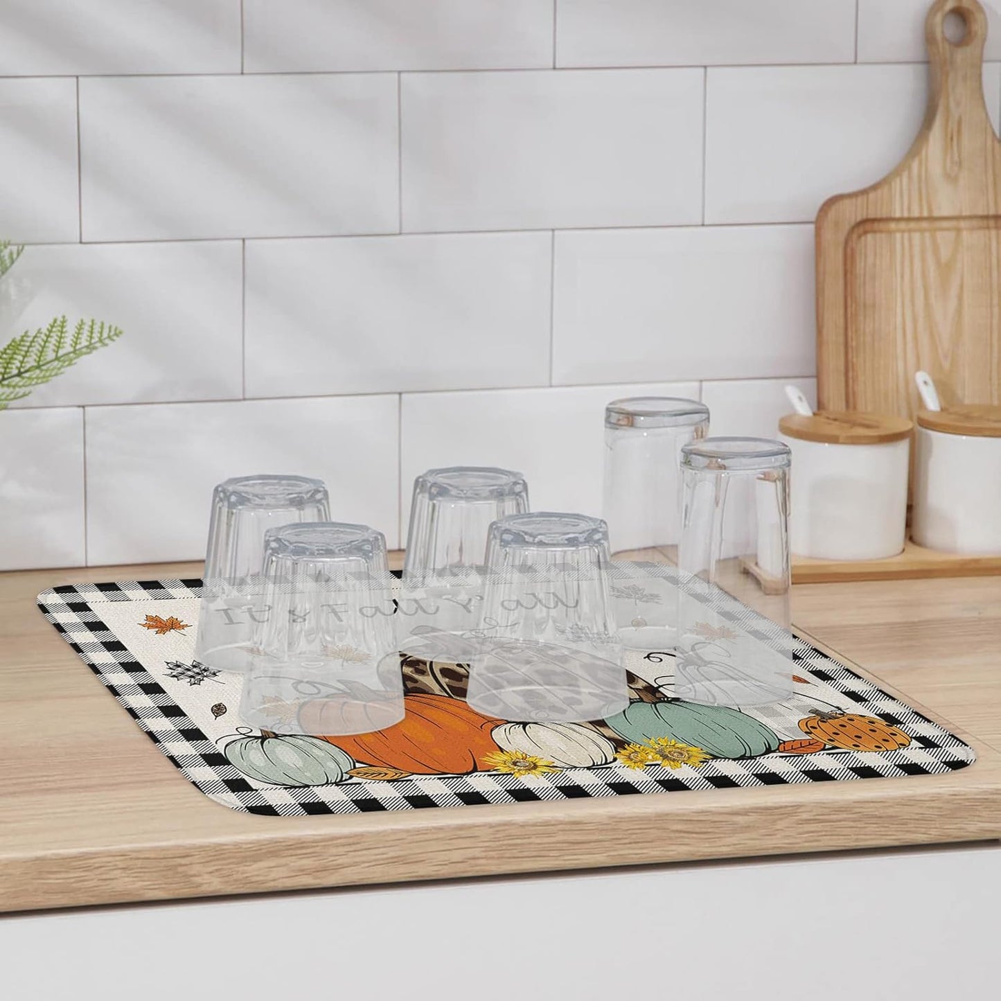 Fall Dish Drying Mat for Kitchen Counter Pumpkin Drying Pad Absorbent Drying Mats for Countertops Sinks Draining Racks Maple Leaves Black Buffalo Plaid Drainer Holiday Harvest Thanksgiving Decor 18x24