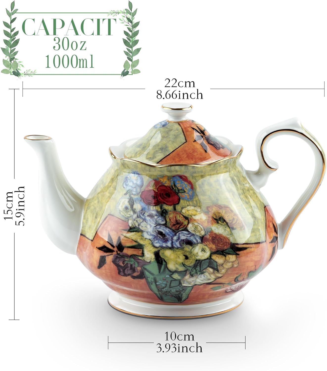 Teapot 30 oz Van Gogh Paintings Bone China Loose Tea Pot Floral Design Vintage Ceramic Coffee Water Pot European Style Porcelain (Flower Vase)