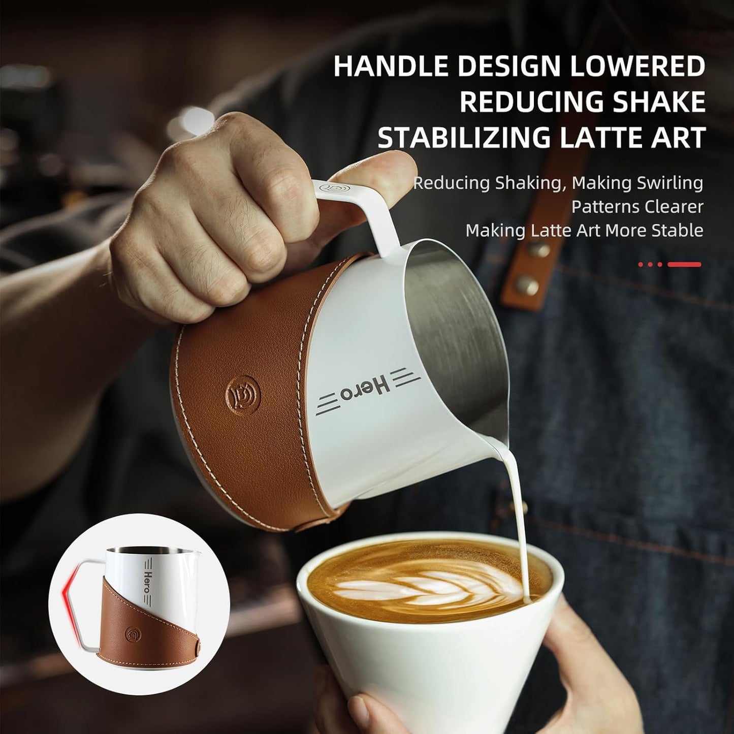 Milk Frothing Pitcher 450ml/16oz 304 Stainless Steel Espresso Steaming Pitcher with PU Leather, Milk Frothing Jug,milk frother cup,Milk Jug Cup,Premium Barista Tools,Latte Art (Black,20oz)
