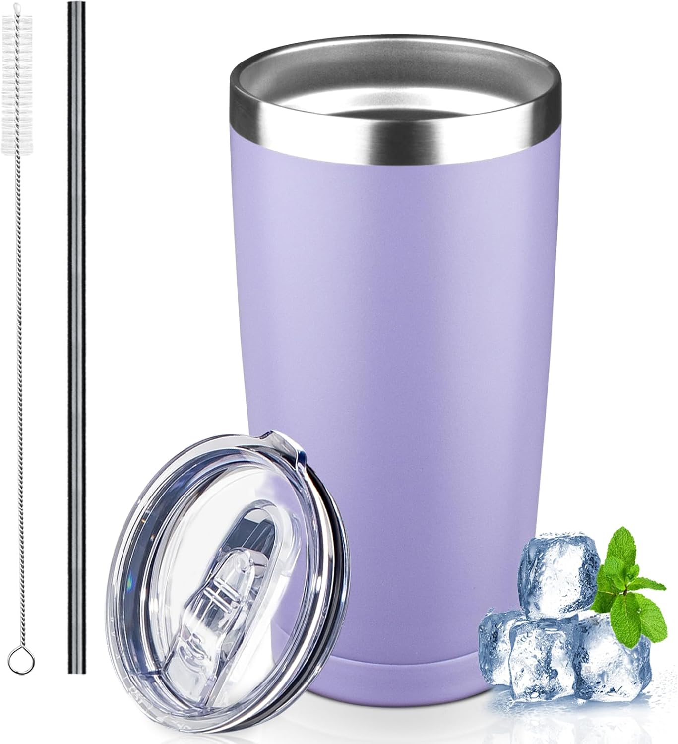 20 oz Tumbler with Lids and Straws, Stainless Steel Insulated Coffee Tumbler, Double Wall Vacuum Insulated Travel Mug Cup, Leakproof Thermal Coffee Cup for Hot and Cold Drinks (light purple)