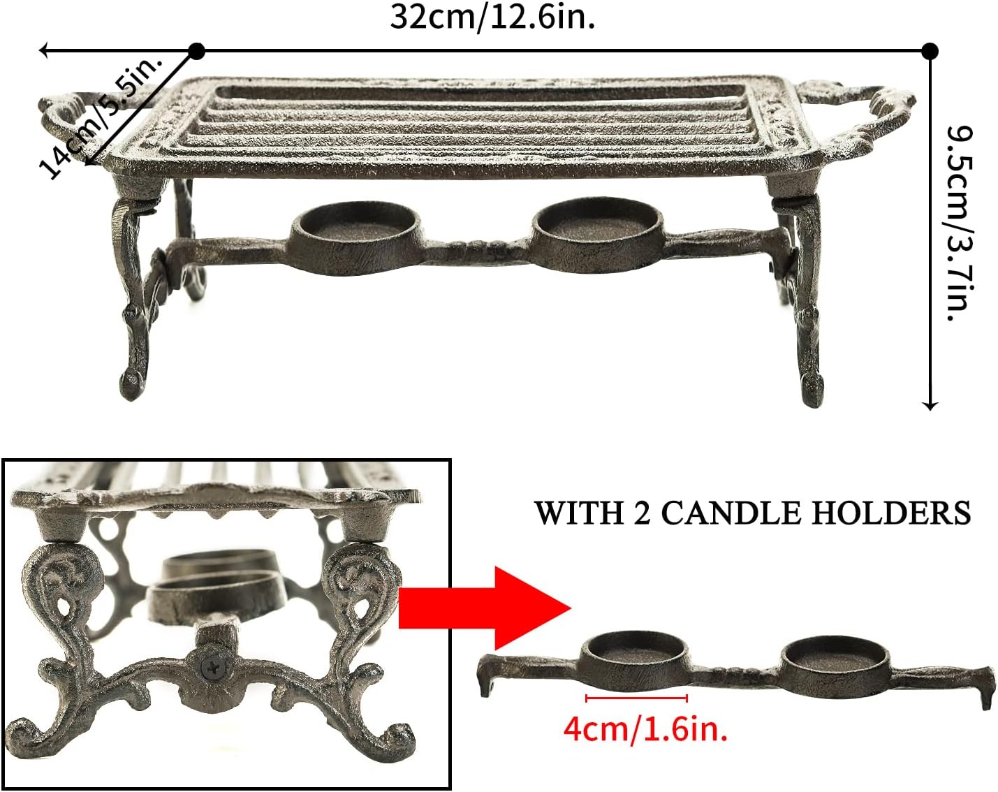 Sungmor Heavy Duty Cast Iron Teapot Dish Warmer Stable Holder for Tealight Stand | Tealight Warmer Decorative Stove for Villa Yard Balcony-Rectangle