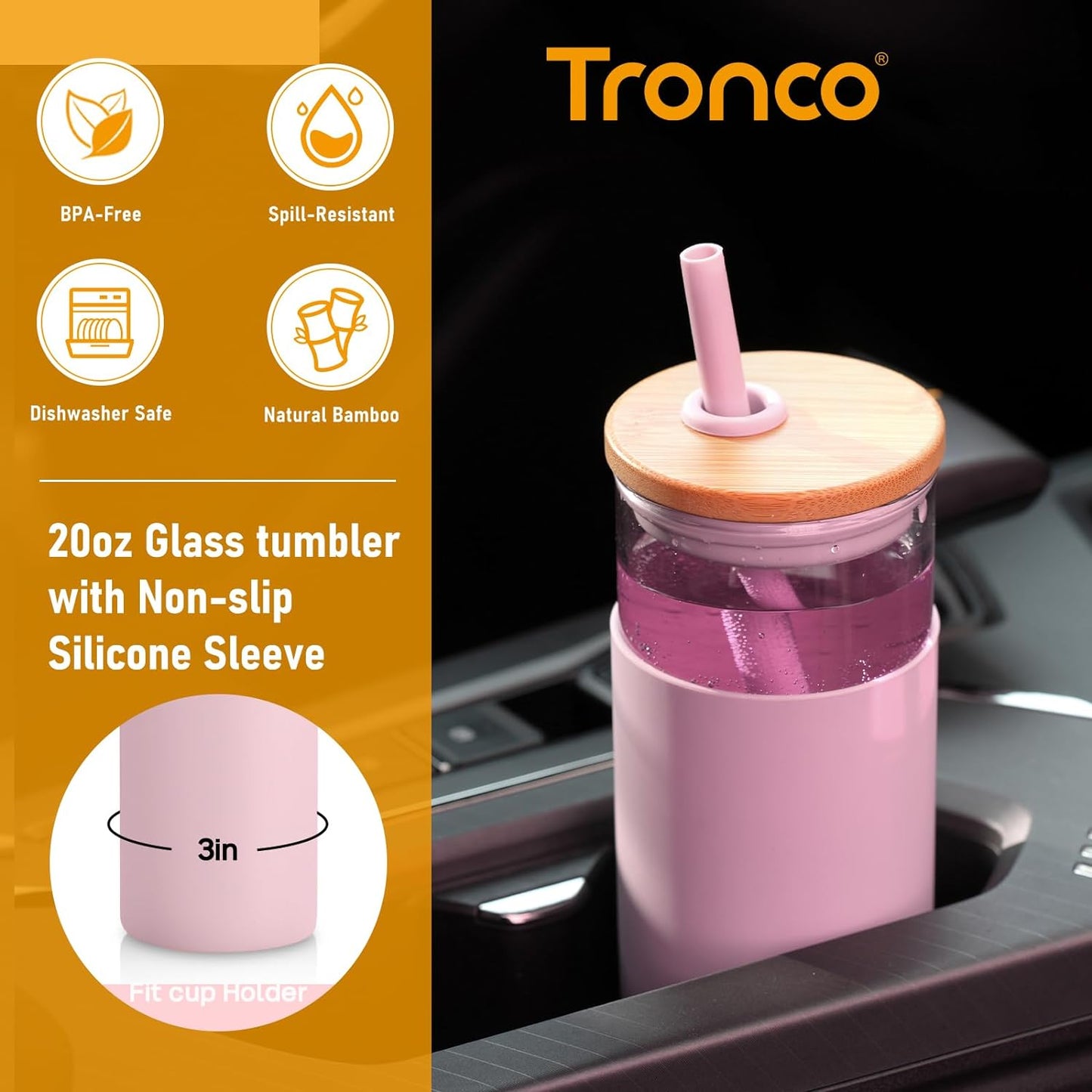 Tronco 20 oz Glass Tumbler with Lid and Straw, Reusable Iced Coffee Cup with Silicone Sleeve & Bamboo Lid, Smoothie Cup for Home, Office, for Father Men Day Gift from Wife Daughter Son (Coffee)