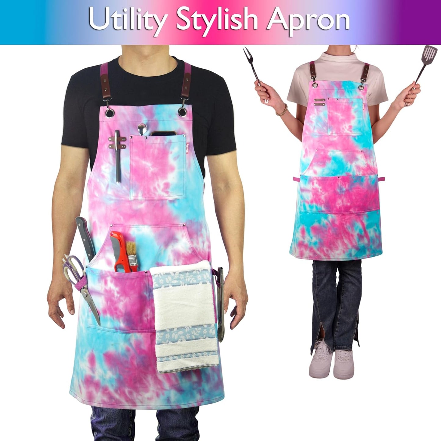 5 Pack Kitchen Apron, Work Apron, Canvas, Multiple Pockets, Gardening, Painting, BBQ, Artist, Carpenter, Sizes M to XXL, Phantom Blue