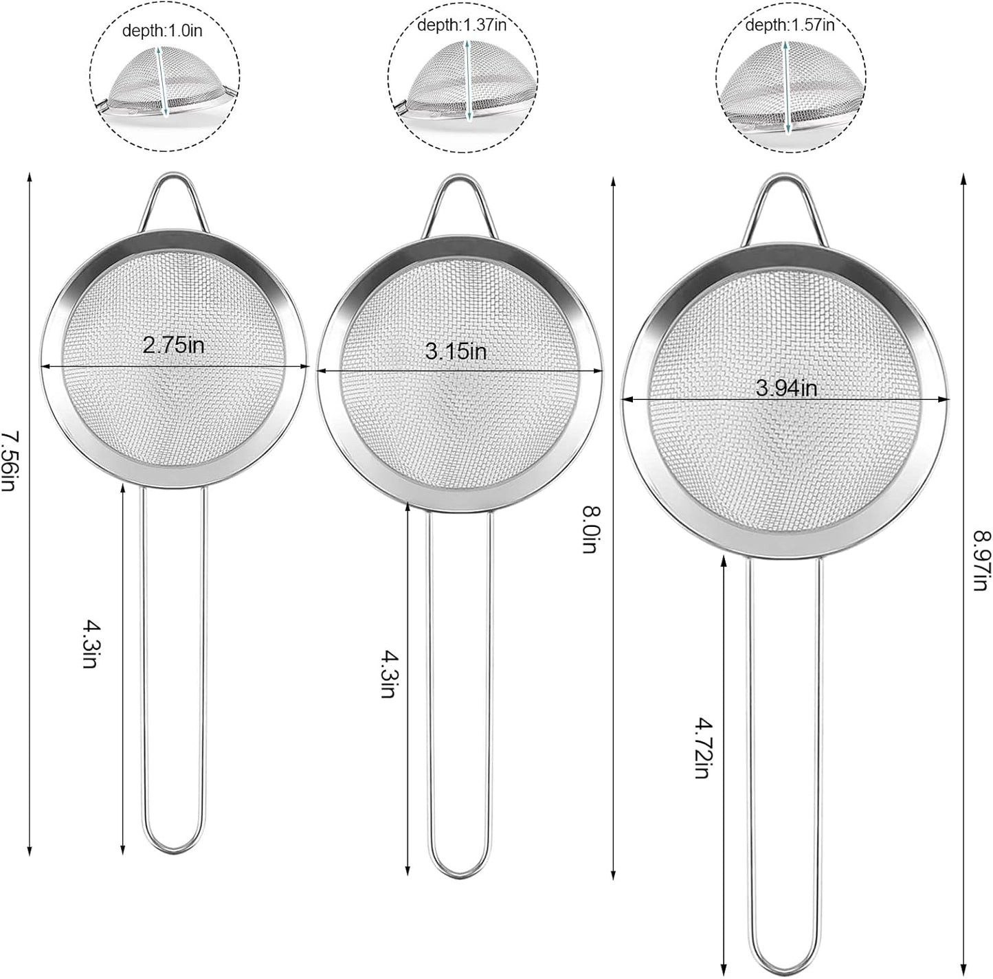 3 Pack Fine Mesh Strainer, Small Stainless Steel Sieves with Handles, for Steeping Loose Leaf Tea, Straining Cocktail, Juice and Sifting Flour, Powdered Sugar